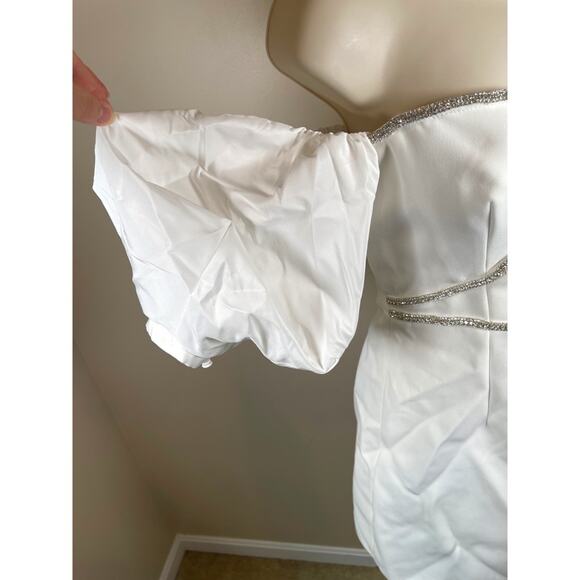 Self-Portrait Bonded Crepe Puff Sleeve Crystal Embellished White Mini Dress Sz 2 - Picture 8 of 13